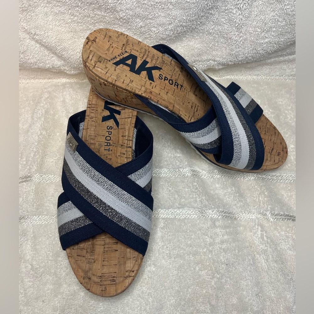 AK Sport Navy and Gray Striped Sandals